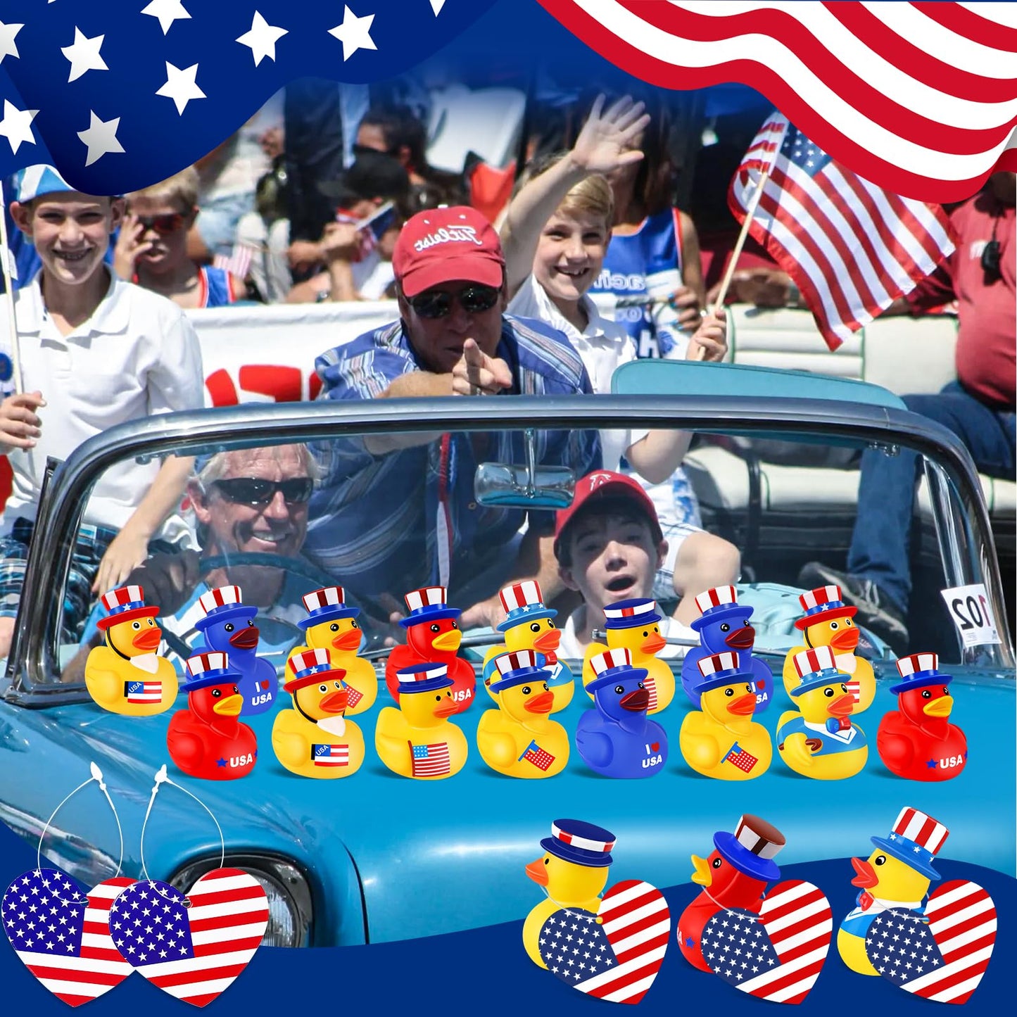 Ouryec 24 Pack Patriotic Rubber Ducks, 4Th Of July Rubber Ducks Jeep Ducks Bulk, 4Th Of July Independence Day Usa Memorial Day P