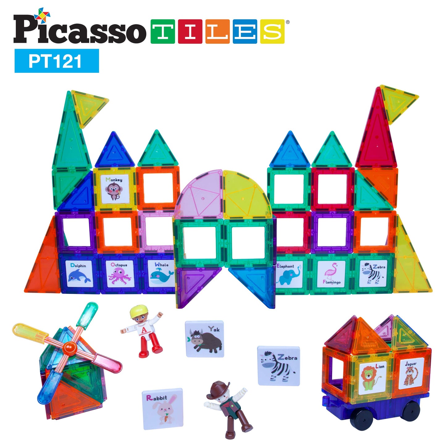 PicassoTiles 121 pc Master Builder Magnetic Building Block Construction Set Magnet Tiles Blocks with Car Truck, 2 Character Acti