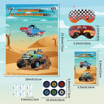 Eaezerav Pin The Wheels On The Truck Game With Monster Truck Poster, 36 Tyres Stickers, 2 Blindfolds For Car Theme Birthday Part