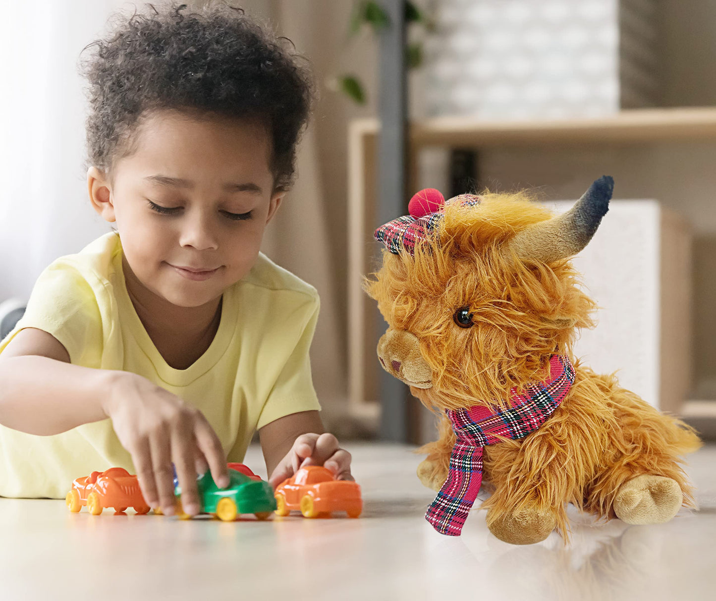 SaBrissi Wilbur Highland Cow 10 Brown Plushie Stuffed Animal with Tartan Hat & Scarf - Soft Toy for Kids