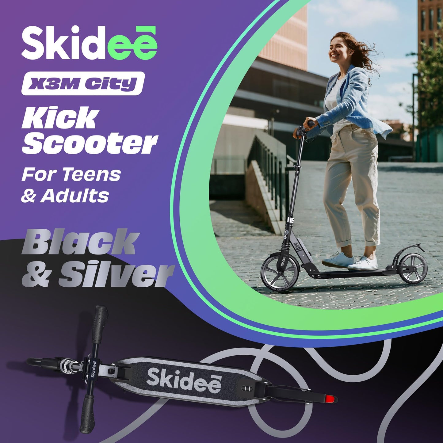 Skidee Kick Scooters for Kids 8-12 - Adjustable Height Up to 41, Foldable, 8 Shock-Absorbing Wheels, 220LBS Capacity - Ultra Smo