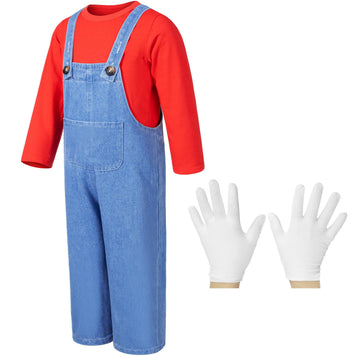 Plumber Costume For Kids Shirt Overalls Glove Boys Halloween Party Cosplay 3-4T Red