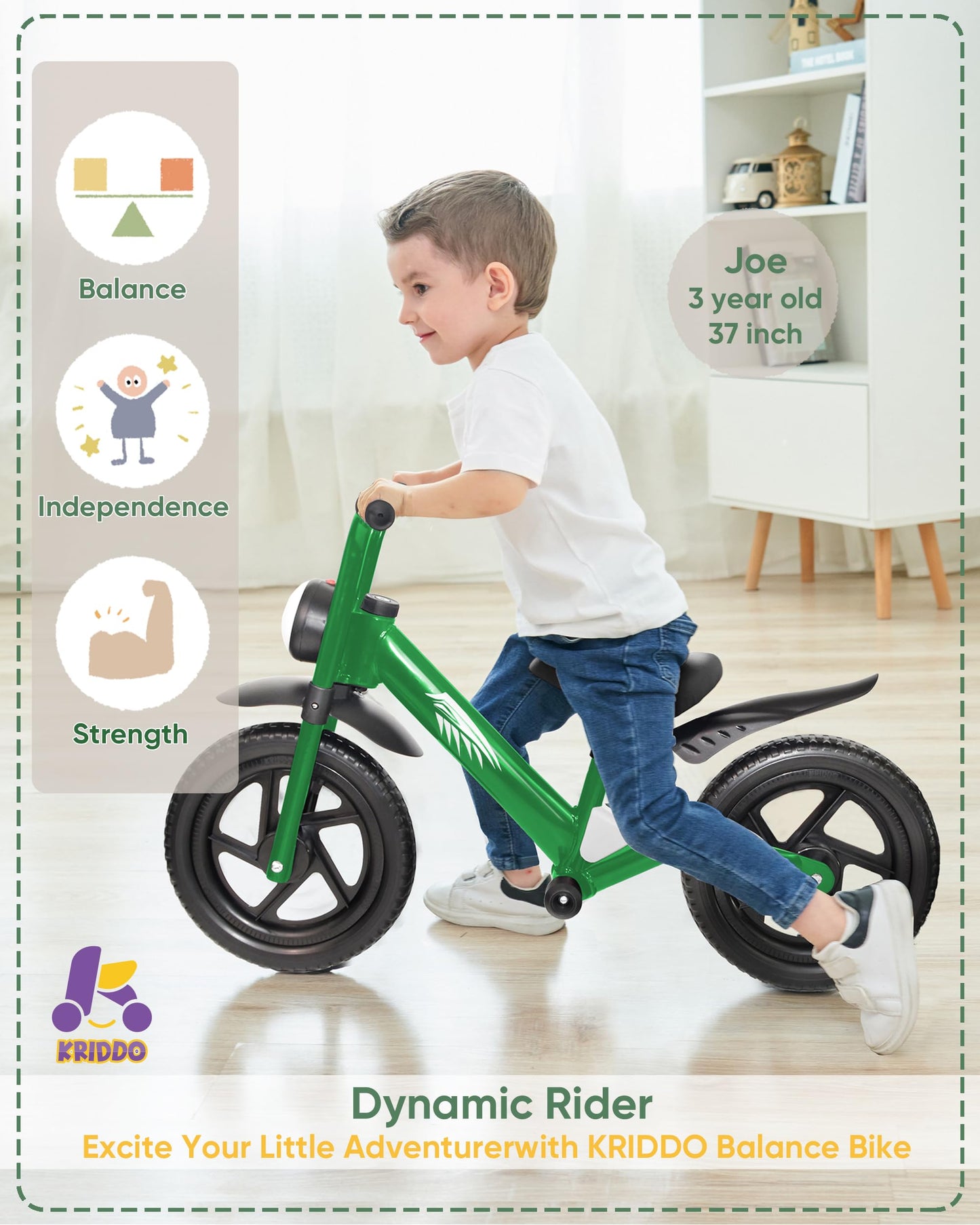 Kriddo Kids Balance Bike For 2-5 Years, With Front Light, Upgraded Tires For All Terrain, Upgraded Bearing For Smooth And Stable