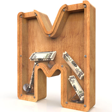 Piggy Bank For Kids Boys Girls, Large Personalized Wooden Letter Piggy Bank With Cut-Out Design, Alphabet Letter Coin Banks, Money Savings Box, Wooden Bank For Kids Creative Gift For Real-Money(M)