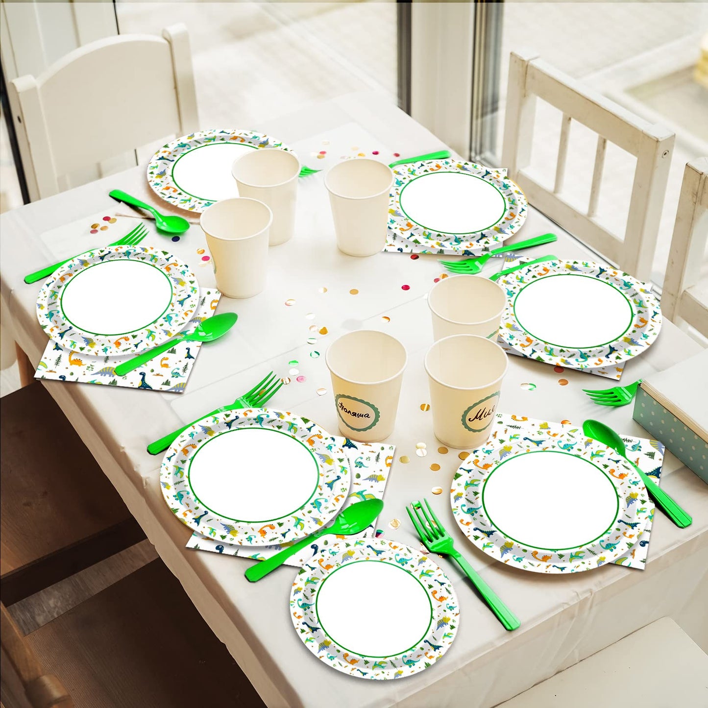 Wiooffen 96 Pcs Dinosaur Party Plates Napkins Watercolor Dinosaur Birthday Tableware Supplies Set Cartoon Dinosaur Disposable Di