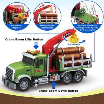 Bstoyder Kids Farm Logging Truck Toy, 15" Friction Powered with Crane, Lights & Sounds, Green, for Boys & Girls Ages 3-8