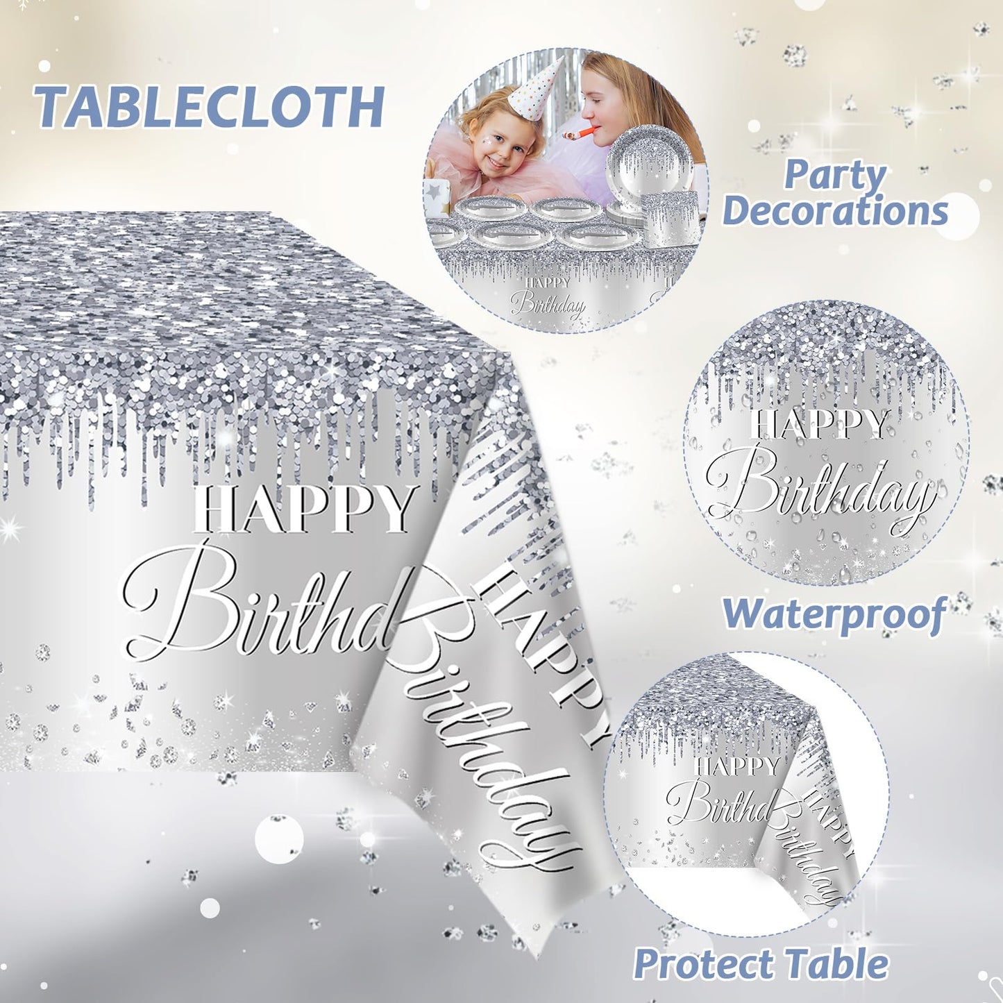 98 Pieces Silver Happy Birthday Decorations For 24 Guests Diamonds Silver Glitter Birthday Party Plates And Napkins Tablecloths Silver Birthday Tableware Set Baby Shower Wedding Party Favors