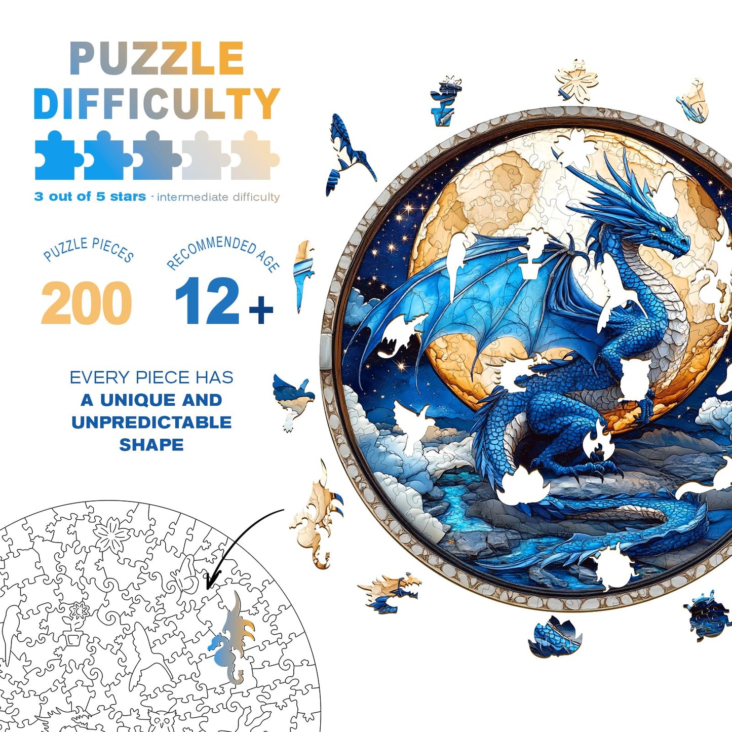 Wooden Dragon Puzzles - Unique Shaped Wooden Jigsaw Puzzles for Adults - 3D Moonlit Blue Dragon Wooden Puzzles - Animal Wooden P