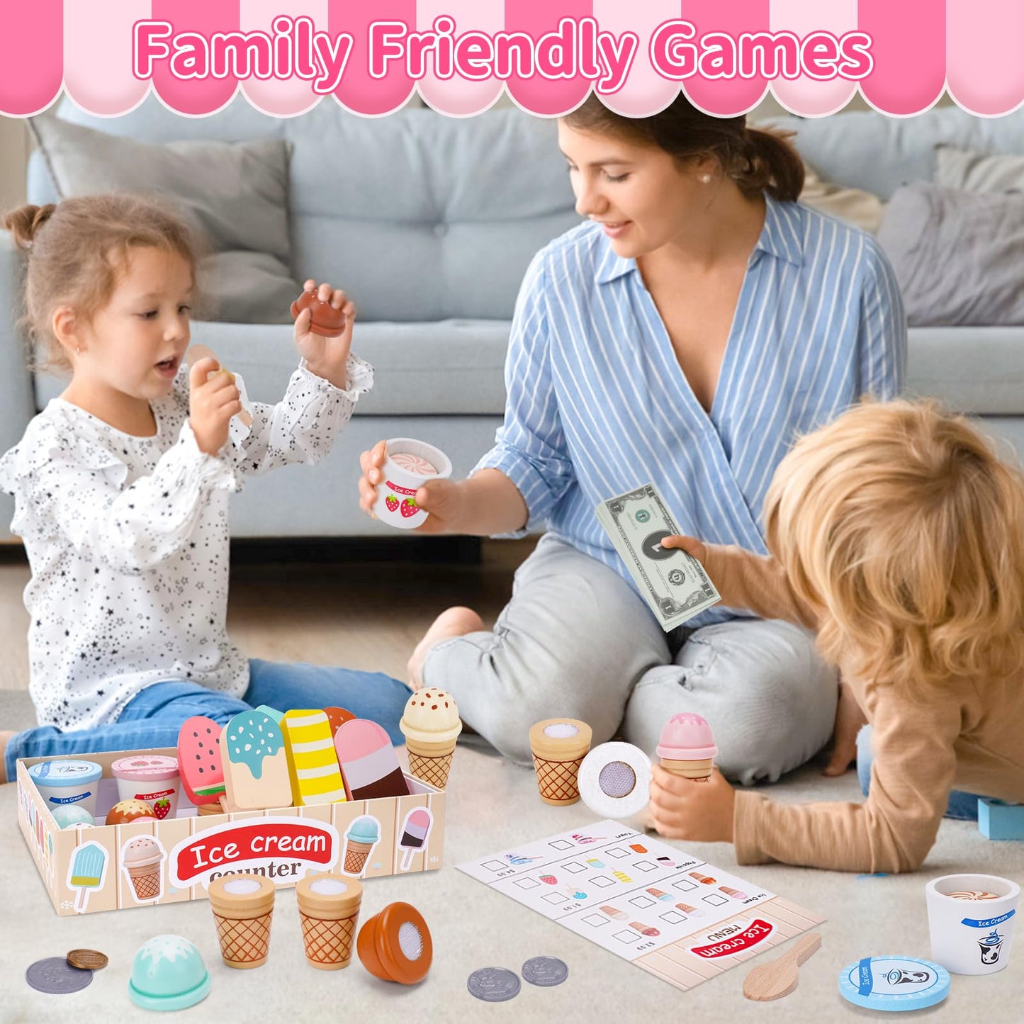 Wooden Ice Cream Toys for Toddlers 3-5, Kids Wooden Toys Play Kitchen Accessories, Play Food Sets for Kids Kitchen, Pretend Play
