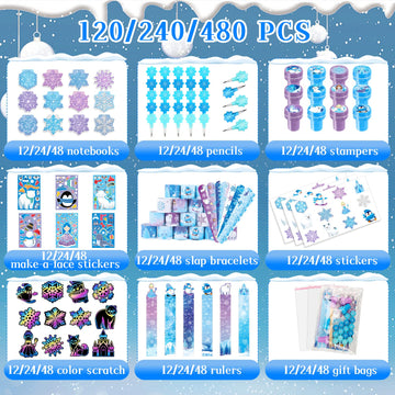 BenLouis 108Pcs Frozen School Stationery Party Favors Winter Snowflake Themed Classroom Gift Reward Prizes Bulk for Students Kid