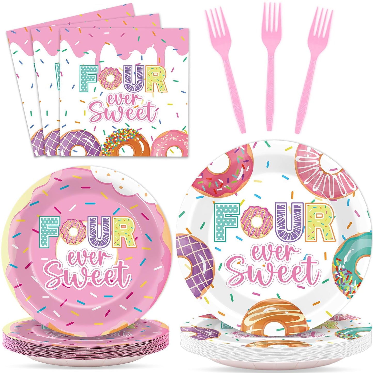 96 Pcs 4Th Birthday Donut Party Decoration For 24 Guests Four Sweet Donut Plates Napkins Donut Themed Tableware Set Table Supplies 4Th Birthday Pink Party Favor For Girls Kids Sweet Donut Party