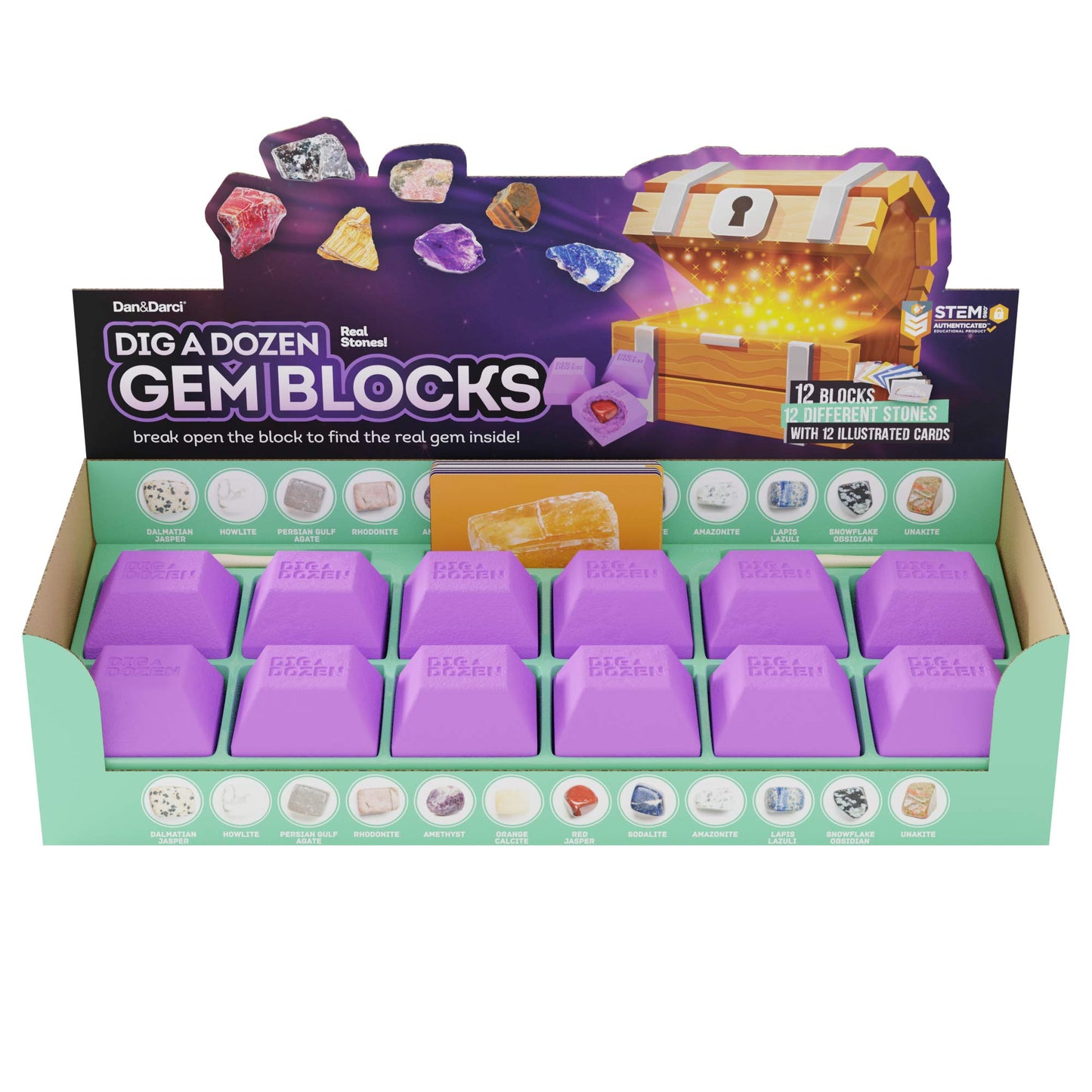 Dig A Dozen Gem Blocks Mining Kit For Kids - Discover 12 Unique Real Gemstones, Mineral, Rocks, Crystals Collection - Archaeology Science Easter Gift Toys Set For Boys & Girls Age 8-12 Gifts Party