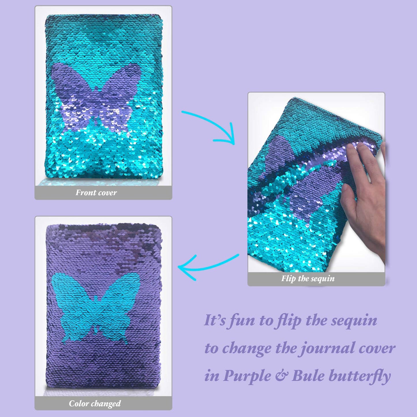 Ginmlyda Sequin Girls Journal For Kids, 8.5X5.5 Inches 160 Lined Pages Diary For Girls Butterfly Reversible Flip Sequence Notebook For Teenage Pre School Writing Drawing Travel Gifts (Purple- Blue)