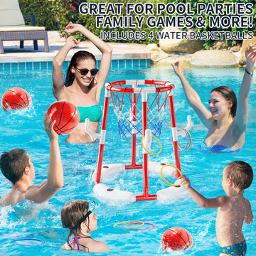 Niplooow Pool Basketball Hoop, 2-In-1 Floating Pool Toys Ring Game With 4 Balls And Pump, Outdoor Swimming Pool Basketball Games