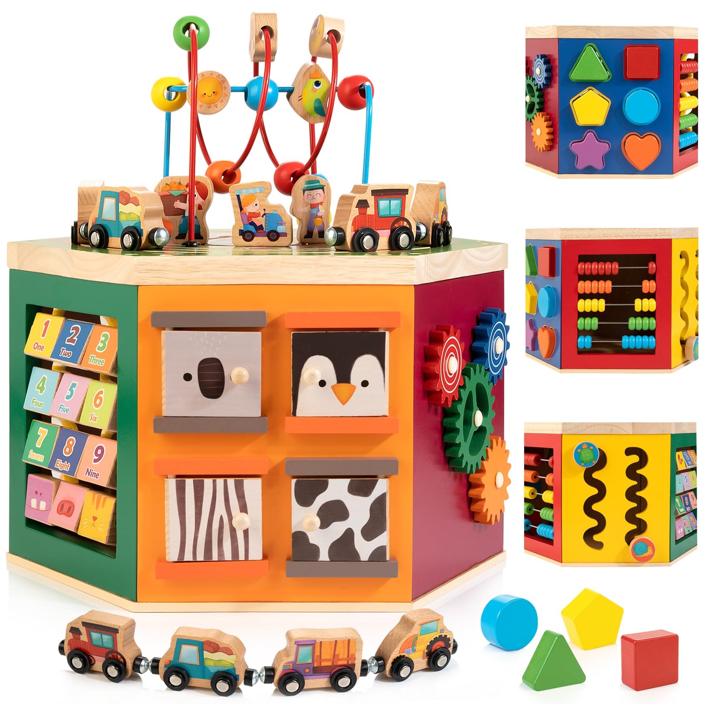 Woodmam Large Activity Cube, 9-In-1 Farm-Themed Wooden Play Center, Multipurpose Montessori Toy For 1-2 Year Old Baby Toddler Kid, First Birthday Gift | Bonus Magnetic Train Cars