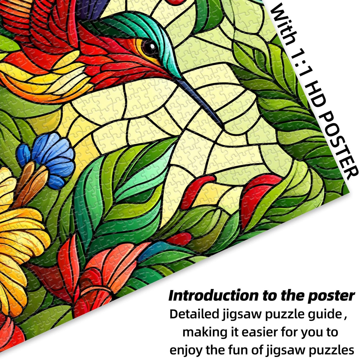 Coastal Rose Stained Glass 1000 Piece Puzzle - Hard Flower Jigsaw, 19.68 x 27.56 in, Cardboard, Hummingbird in Grass