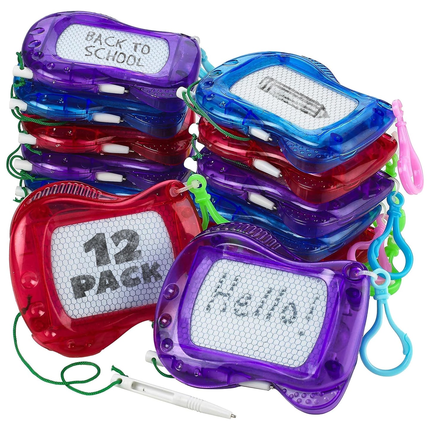 Bedwina Mini Magnetic Drawing Board For Kids - (Pack Of 12) Backpack Keychain Clip Drawing Boards, Erasable Doodle Sketch Writing Pad Boys & Girls, Birthday Kids Party Favors