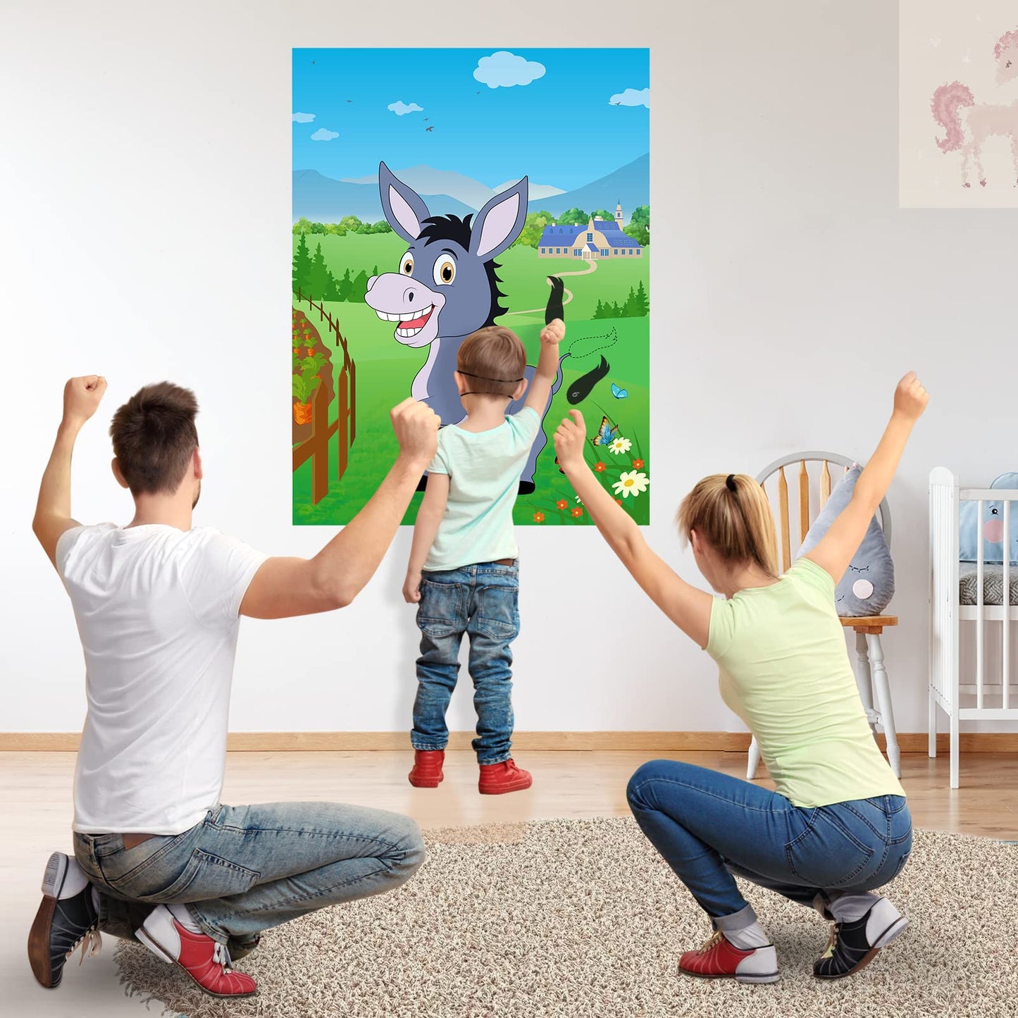 Morcheiong Party Game - Pin The Tail on The Donkey with 48 Colorful Tails - Medium Size Birthday Party Supplies and Farm Decorations