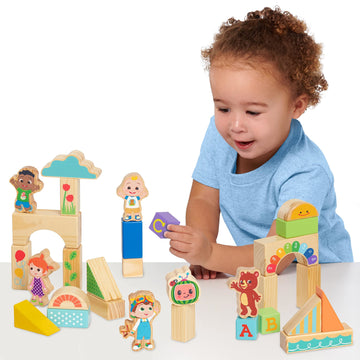 Cocomelon Jj & Friends Wood Block Set, 30-Pieces, Recycled Wood, Officially Licensed Kids Toys For Ages 18 Month, Gifts And Presents By Just Play