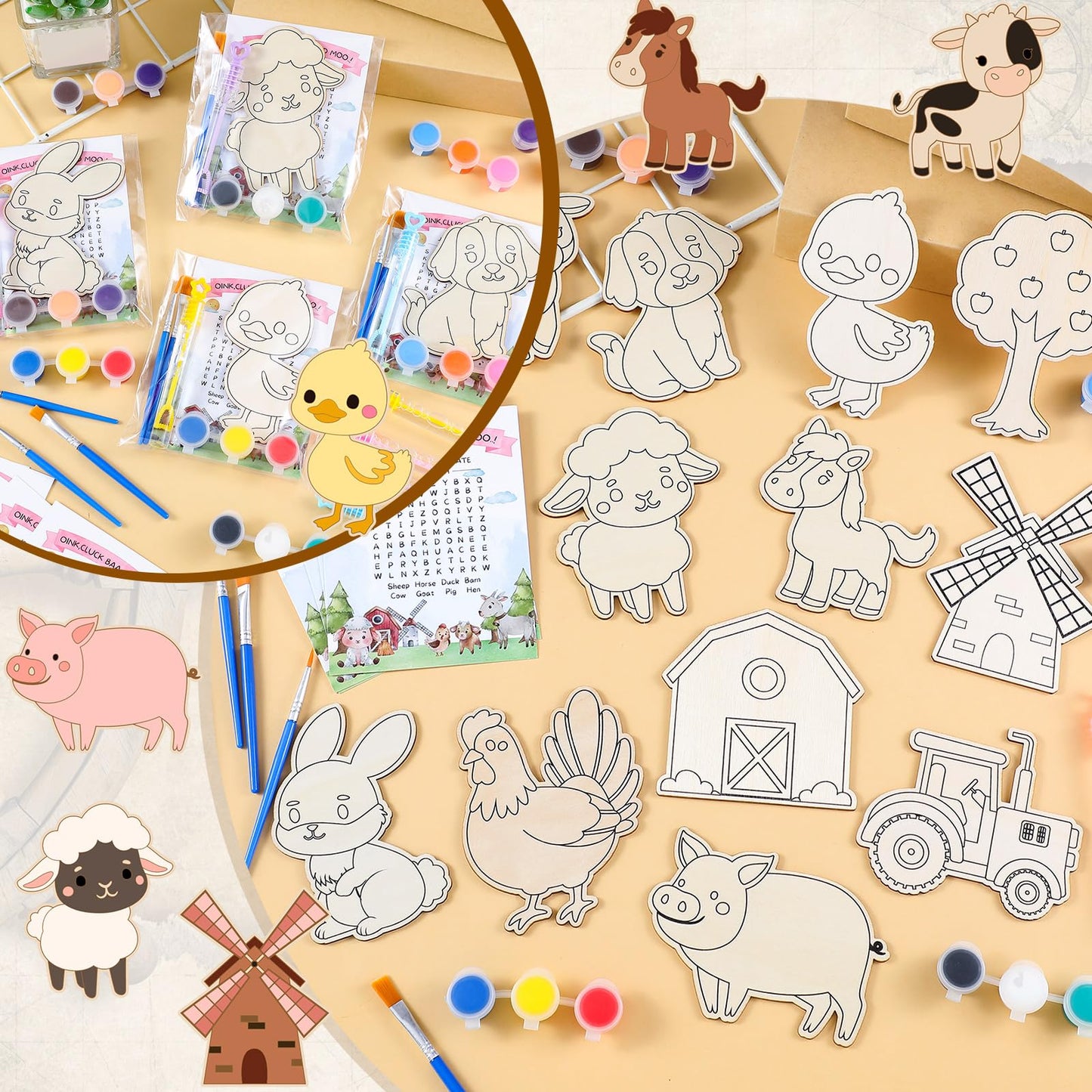 VioraWhite 24 Set Birthday Party Favor Craft Include 24 Pcs DIY Wooden Painting Art Kit 24 Pcs Bubble Wand 24 Gift Card Wood Col