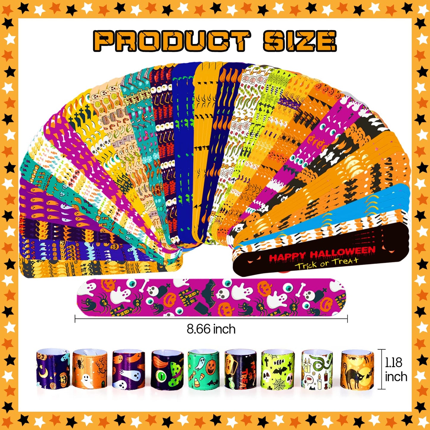 Halloween Slap Bracelets for Kids, 100 Halloween Bracelet Toys Bulk For Kids Girls Boys, Trick or Treat Party Favors, Classroom