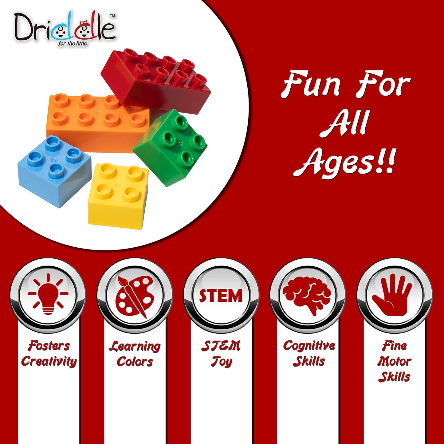 Driddle Big Building Blocks For Kids - Stem Toy - Classic Large Building Bricks - Compatible With All Major Brands - For Children All Ages - 50 Pieces