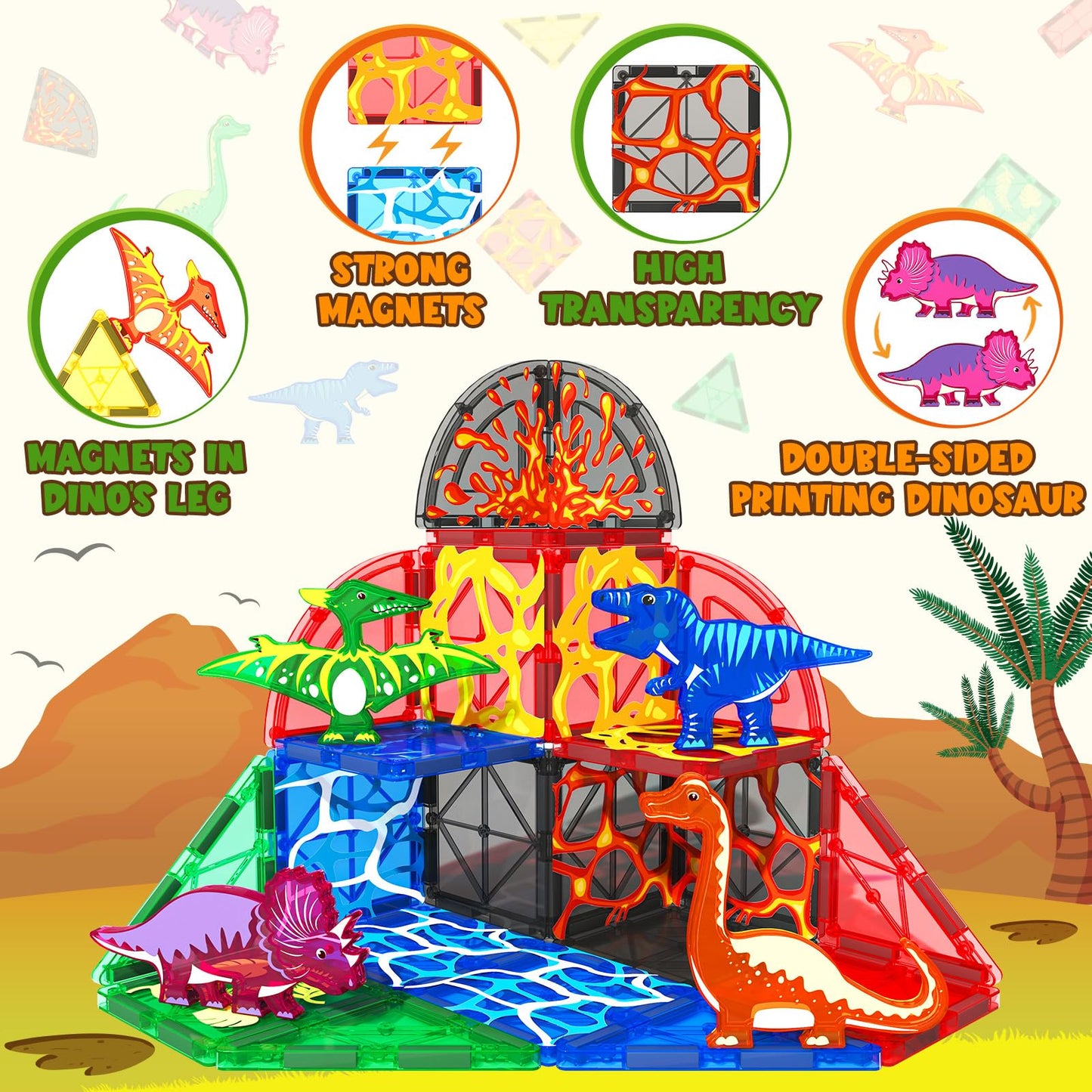 Dinosaur Toys Magnetic Tiles Lava Dinosaur World Set - Magnetic Blocks Building Toys For Kids 3-5 5-7 Girls Boys Toys Age 4-6 6-8, Classroom Must Haves Toddler Sensory Toys For 3+ Year Old Kids Toys