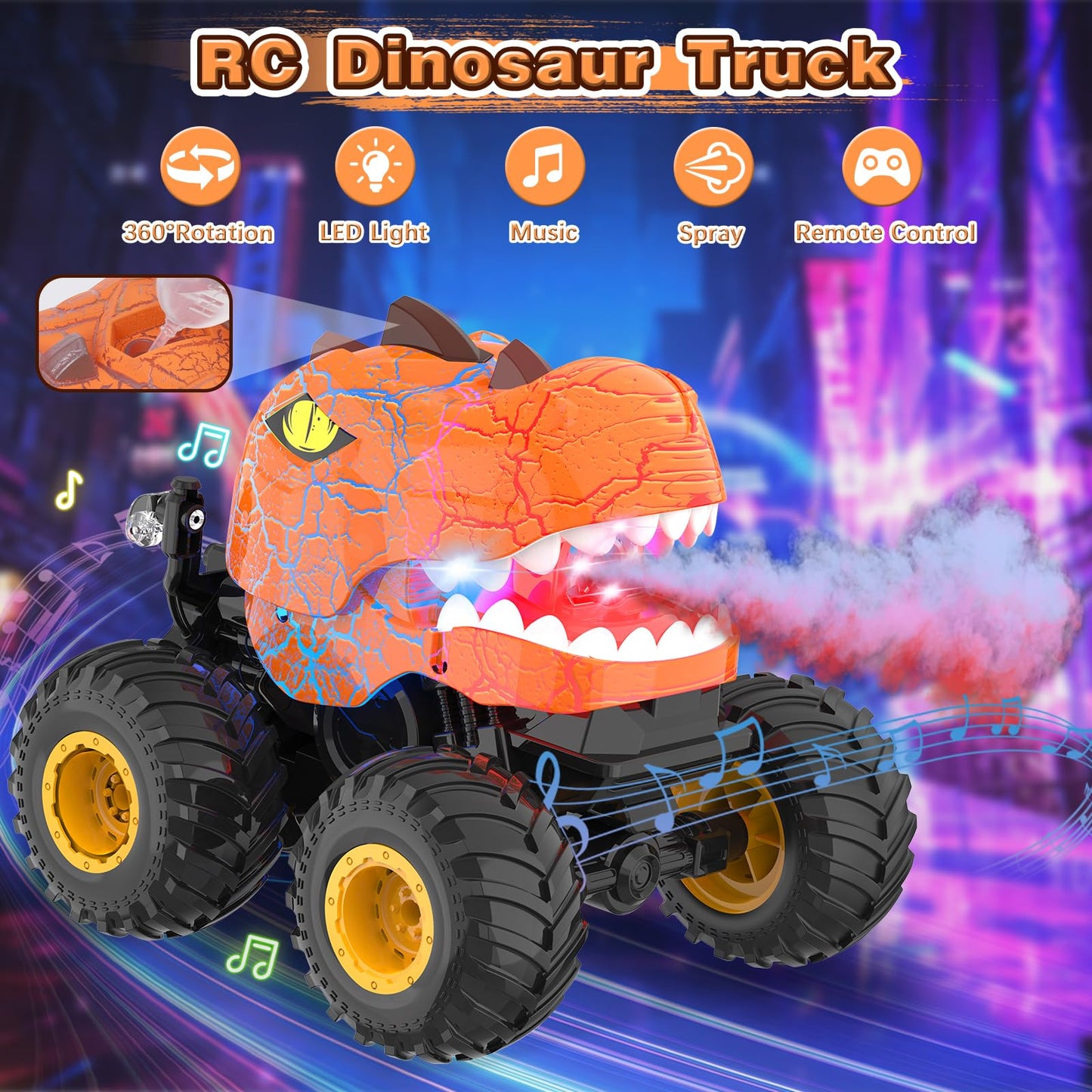 Dinosaur Remote Control Car - RC Car Toys for 4 5 6 7 8 Year Old Boys, 2.4Ghz RC Drift Monster Truck, 360Rotating Stunt Car with