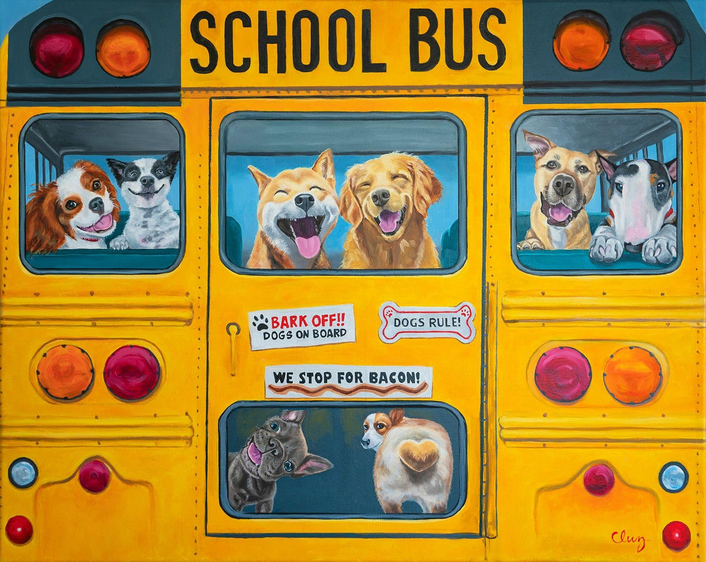Springbok Happy Bus 500 Piece Jigsaw Puzzle For Adults And Kids - Dog Lovers Will Enjoy This Illustration By Artist Carol Luz Of Lots Of Happy Dogs On The Schoolbus.
