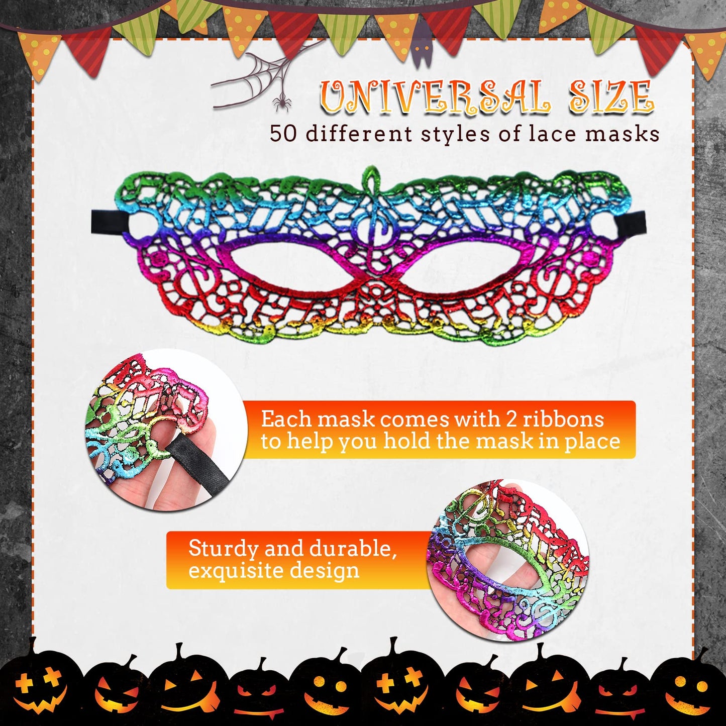 Chivao 50 Pcs Lace Mask Masquerade Venetian Eye Mask Mardi Gras Mask Flexible Masks for Carnival Birthday Valentine's Day(Colorf