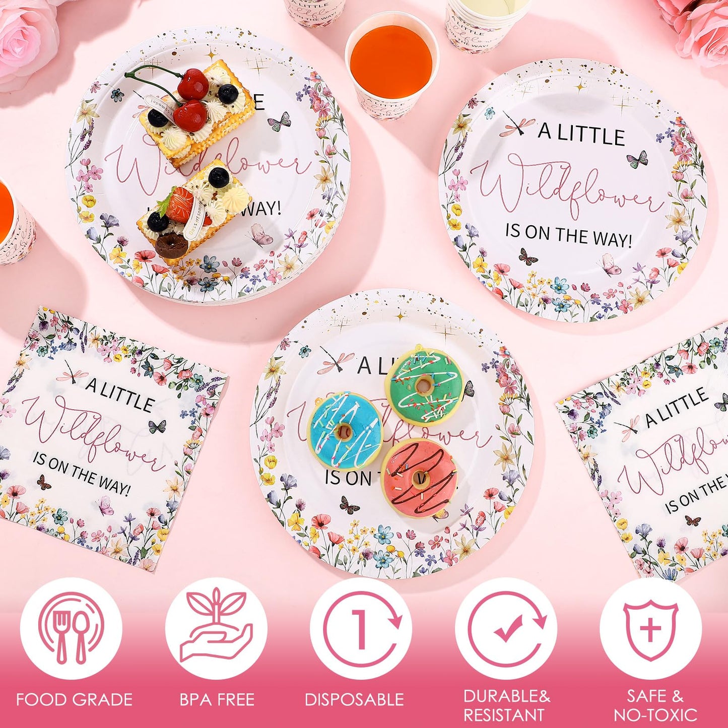 Hushee 200 Pcs Wildflower Baby Shower Paper Plates Napkins Cups Baby Shower Party Supplies Tableware Set A Little Wildflower Is
