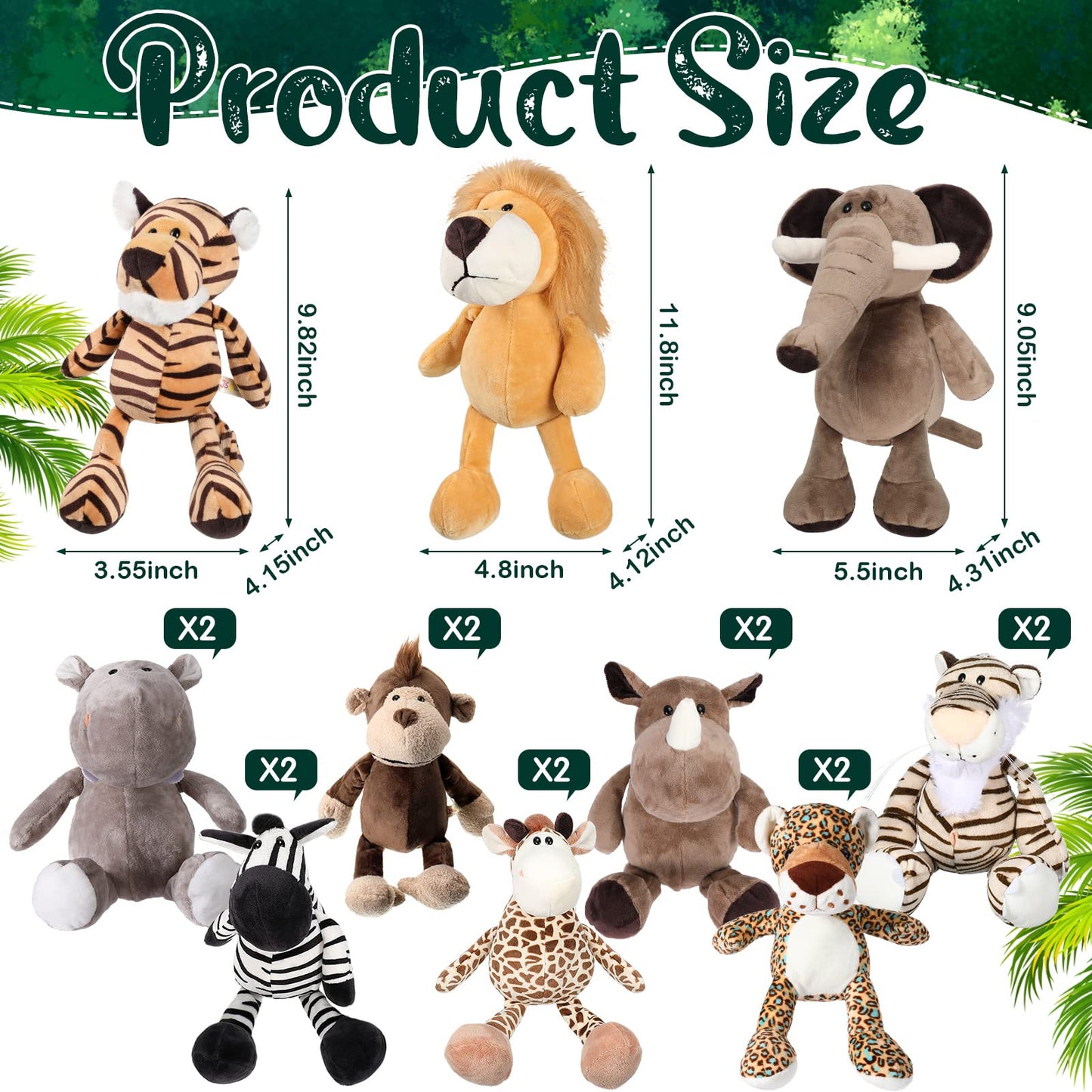 20 Pcs Safari Stuffed Animals 11.8'' Plush Jungle Wild Animals Cute Elephant Giraffe Lion Tiger Monkey Stuff Animals Soft Stuffe