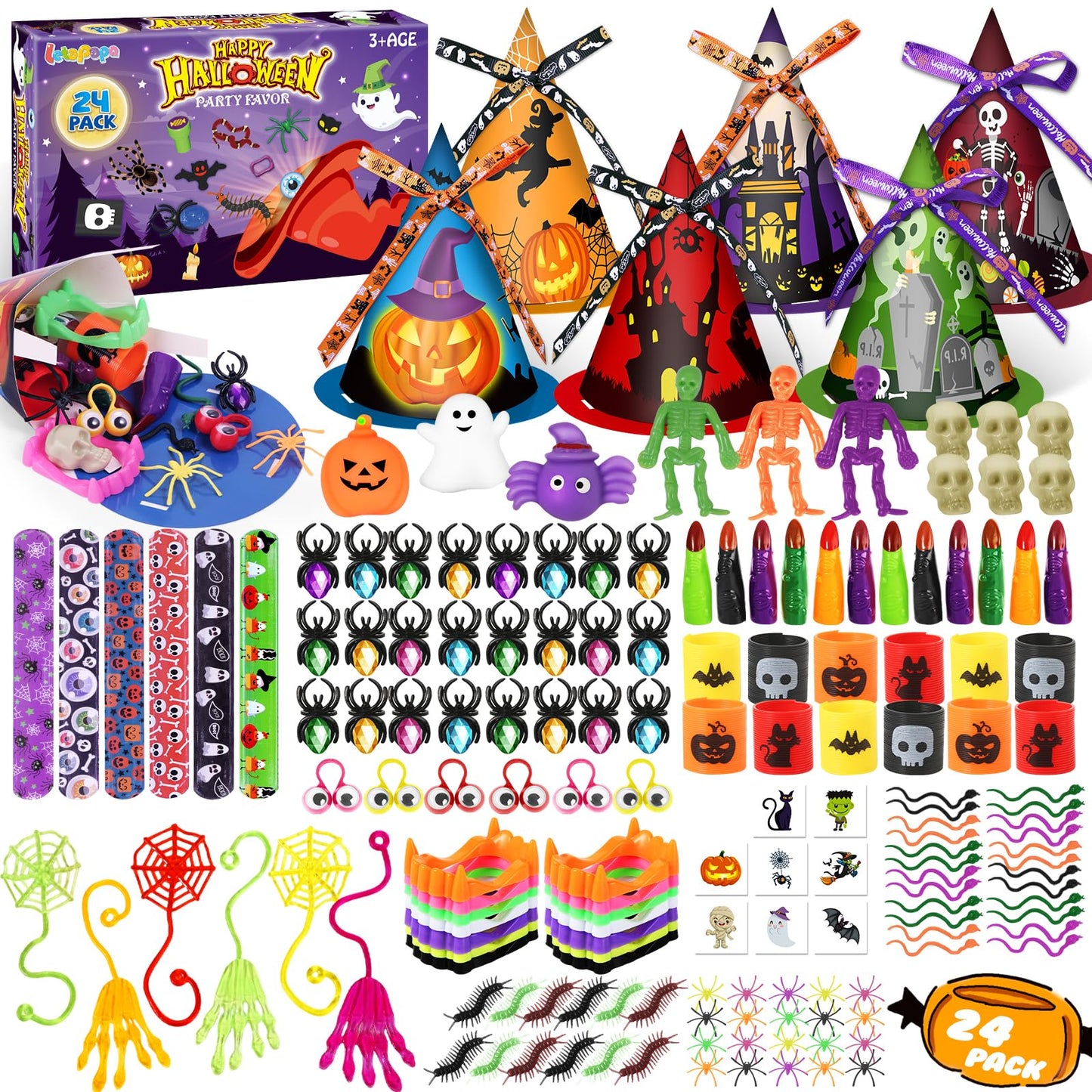 Letapapa 234 PCS Halloween Party Favors for Kids, 24 Pack Witch Hat Treat Bags Filled with Halloween Toys Bulk, Halloween Goodie