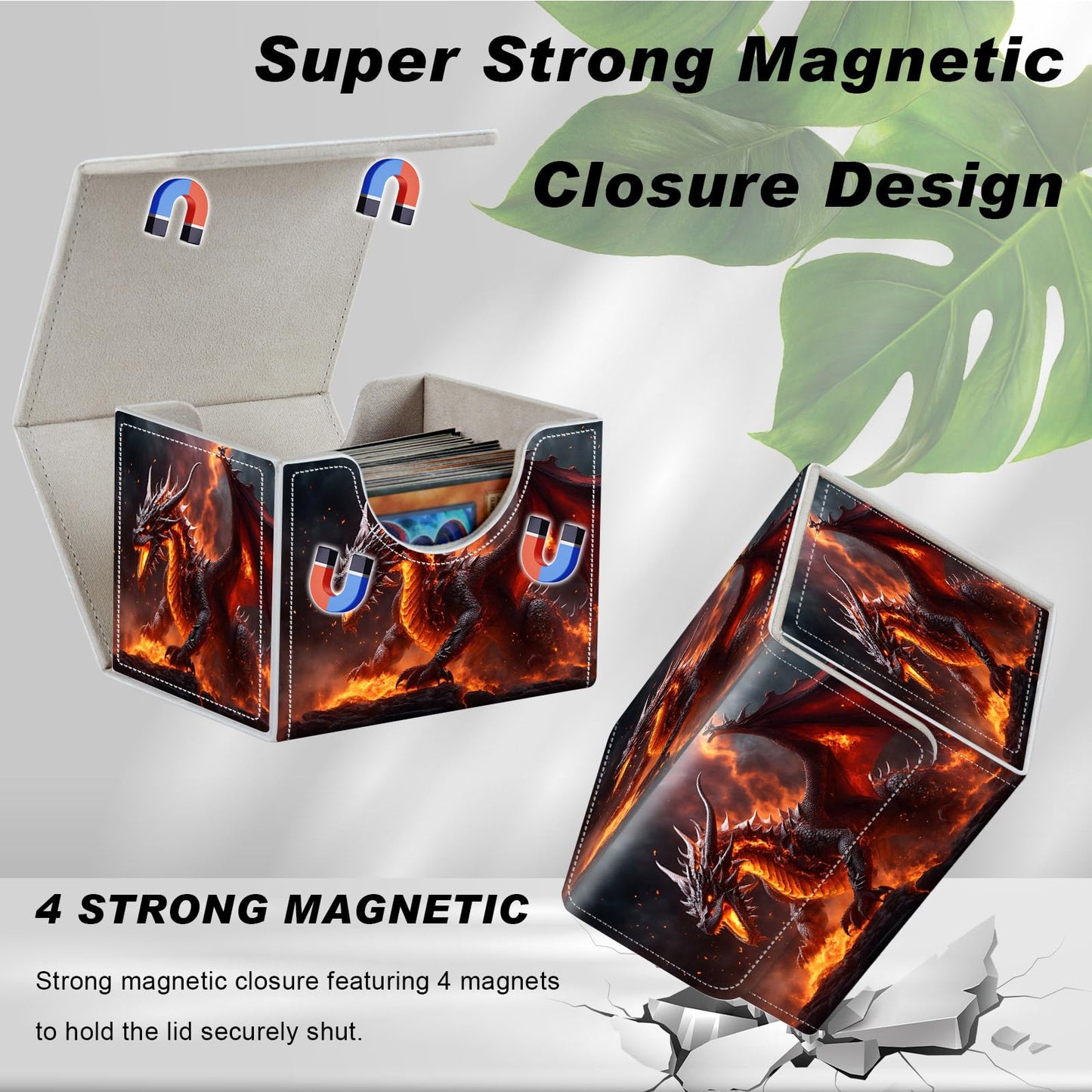 Card Game Storage Box TCG Deck Box MTG Card Box Organizer Trading Card Case Commander Deck Box TCG Card Storage Box Magnetic Closure Creative Pattern Up to 200 Cards The Fire Dragon On The Rock