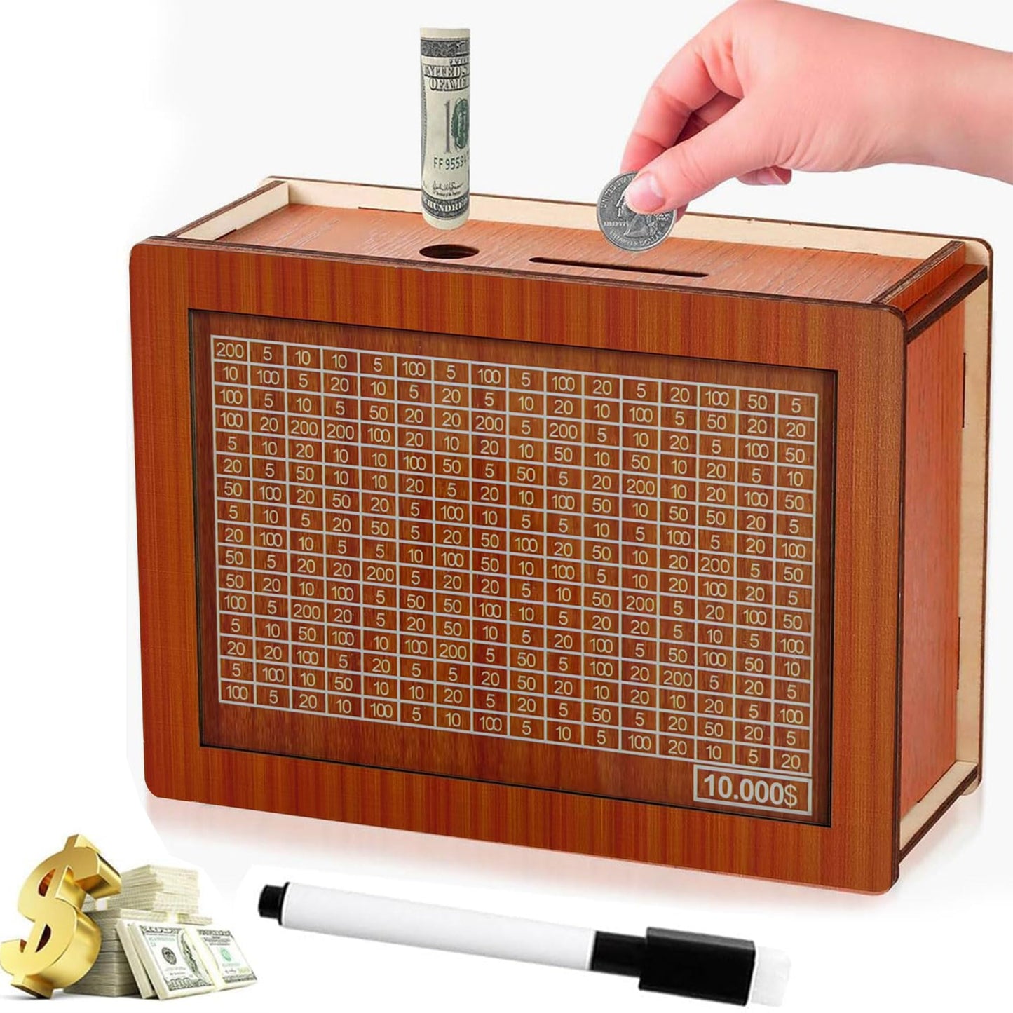 10000 Savings Challenge Box, 2025 New Wooden Money Saving Challenge Box, Cash Vault Wooden Savings Box 10000, Wooden Cash Saver