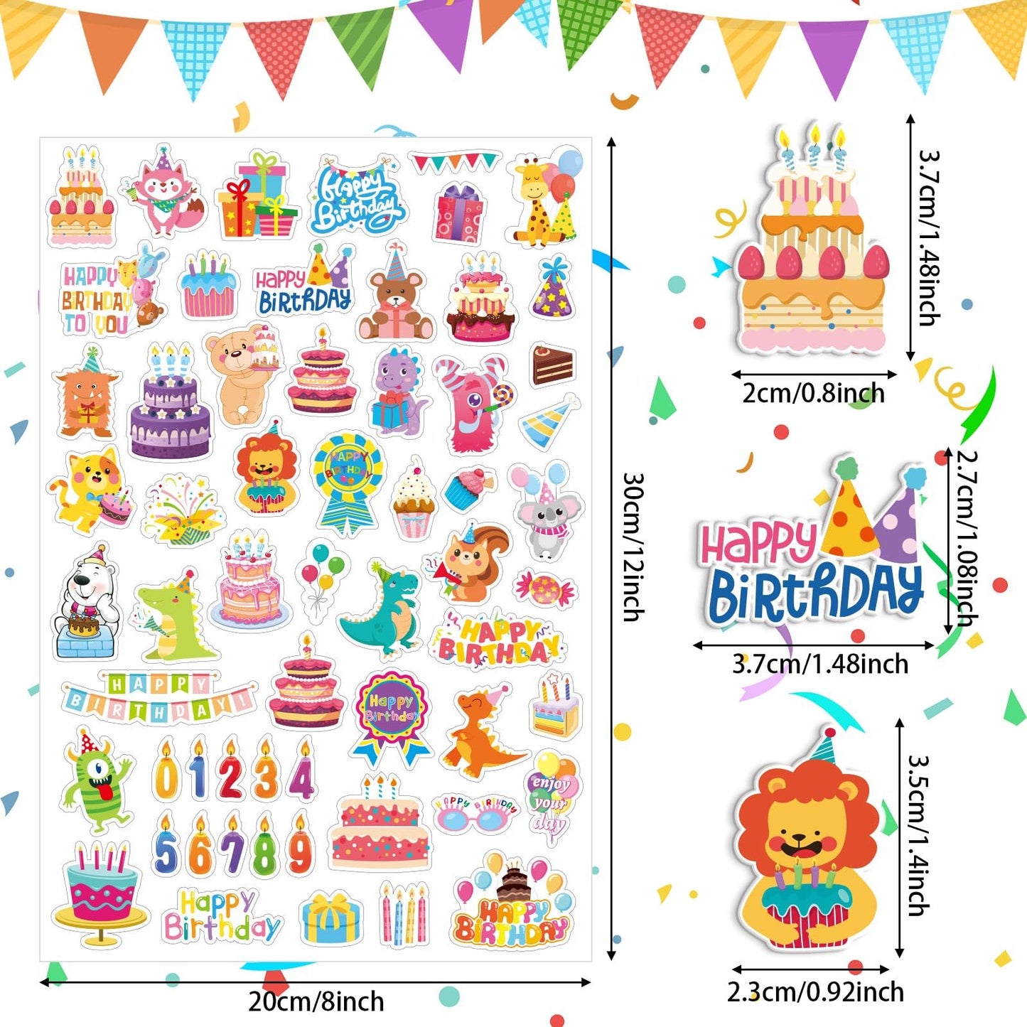 Julbear 300 Pieces Happy Birthday Foam Stickers Bulk Self-Adhesive Cute Cartoon Birthday Stickers For Arts Crafts Kids Students