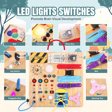 23 In 1 Busy Board Montessori Toys For 1-3 Year Old Wooden Learning Educational Toys For Toddlers With 15 Switches, 26 Led Light