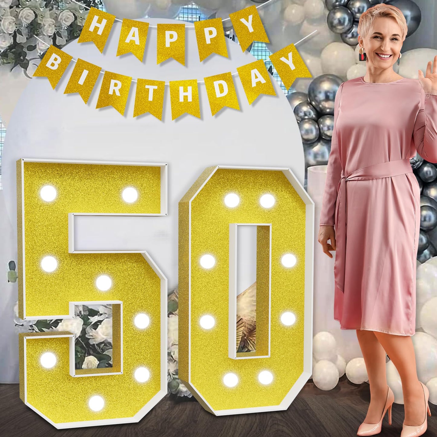 Imprsv Marquee Numbers Gold 50Th-Birthday Decorations: Large 3Ft Light Up Number 50 Birthday Decoration For Women Men Fifty Year