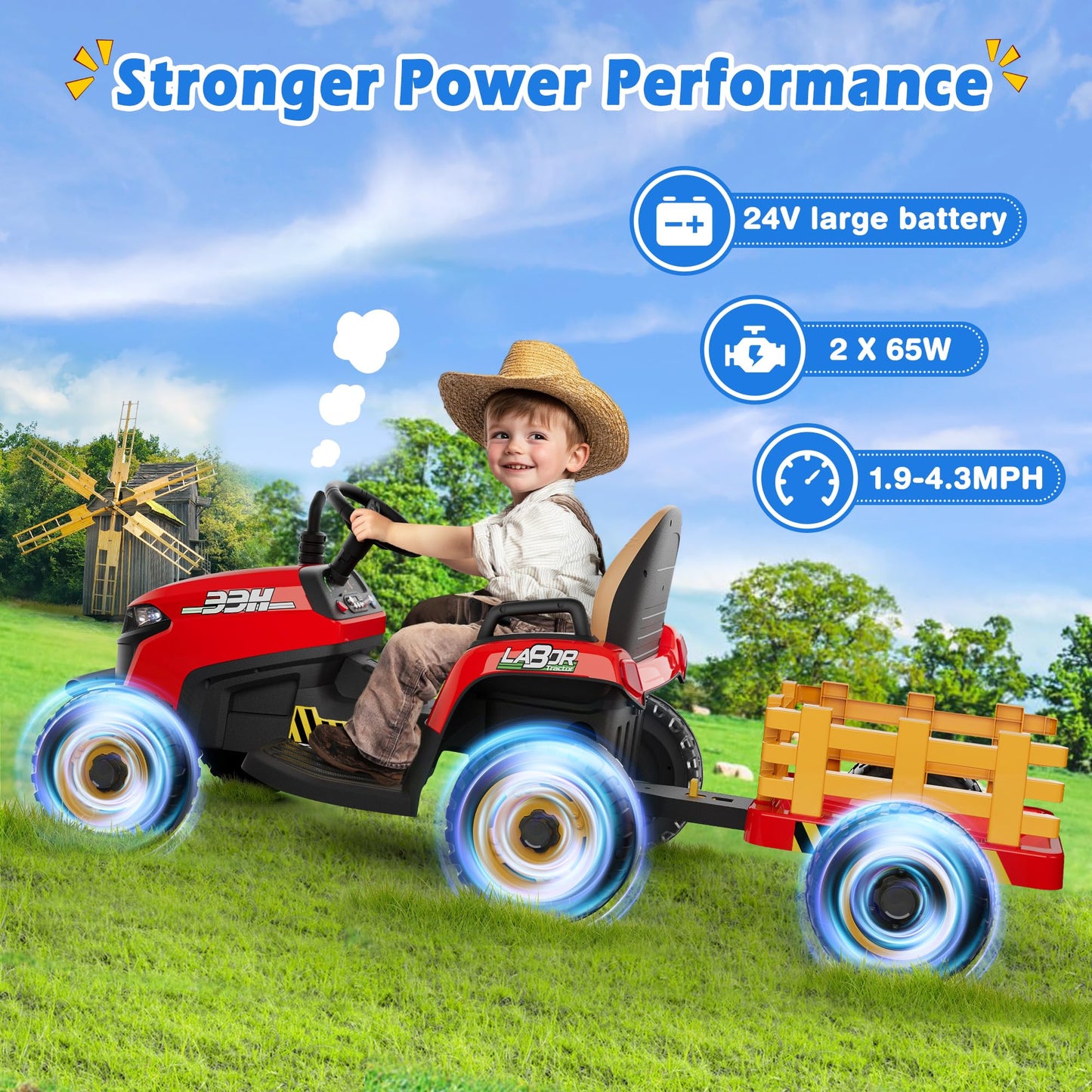 Arbeli 24V Ride On Tractor W/Tiltable & Detachable Trailer, 2X65W Motors, Eva Tires, Remote Control, Bluetooth, Shifter, Music,
