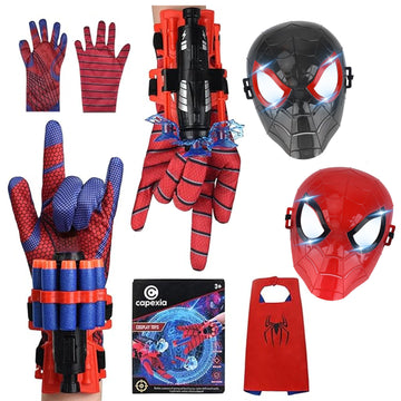 Capexia Superhero Web-Slinging Toy Set - 2 Web Shooters, 2 Masks, Gloves & Cape, Red/Blue/Black, Ages 3+, Indoor/Outdoor Role-
