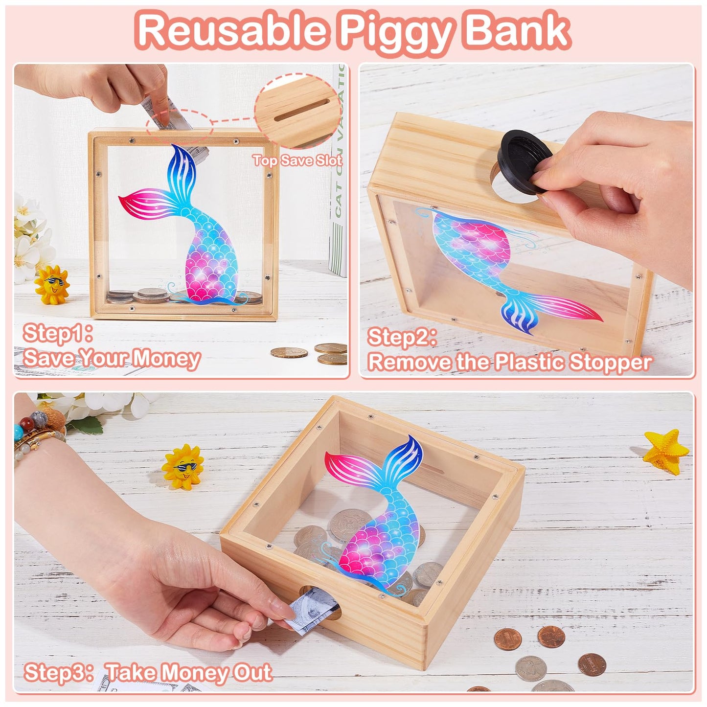 Piggy Bank for Kids, Wooden Money Coin Bank for Boys and Girls, Dinosaur Unicorn Piggy Banks with DIY Stickers for Birthday, Eas