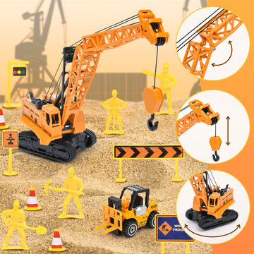 Toylink Construction Sandbox Toys Kids Play Sand Kit, 3.1lbs Sand & Large Tower Crane & 5 Trucks & 13 Signs & 14 Molds, Beach Bu