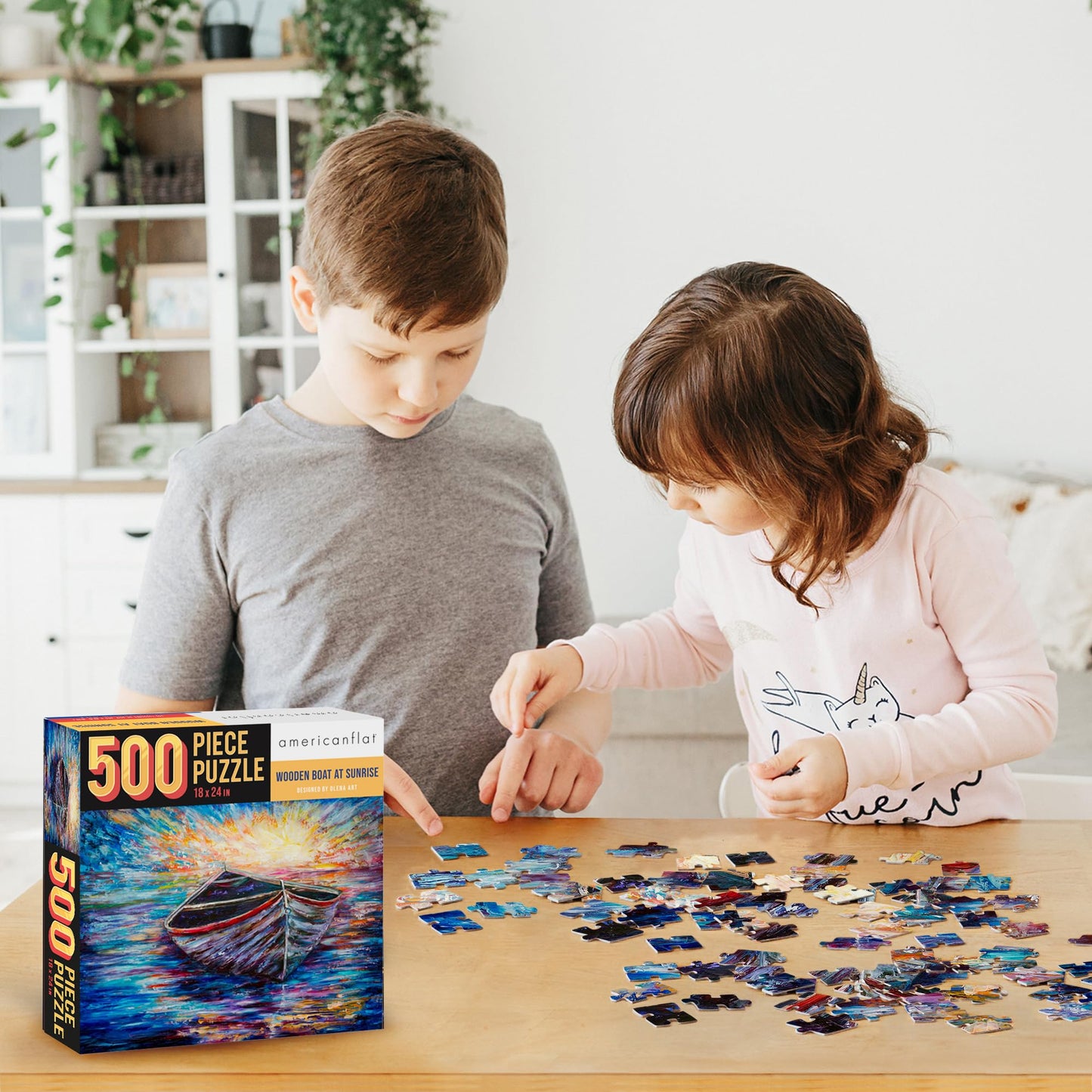 Americanflat 500 Piece Boat Puzzle, 18X24 Inches, Wooden Boat At Sunrise By Olena Art