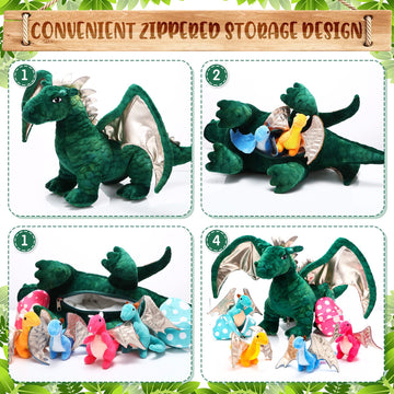 Deekin 7 Pcs Dragon Toy Set 16 Inch Large Dragon Stuffed Animal With 4 Baby Plush And 2 Eggs In Mommy'S Belly Dinosaur Plushies Gifts For Boys Girls Birthday Christmas(Cute Style)