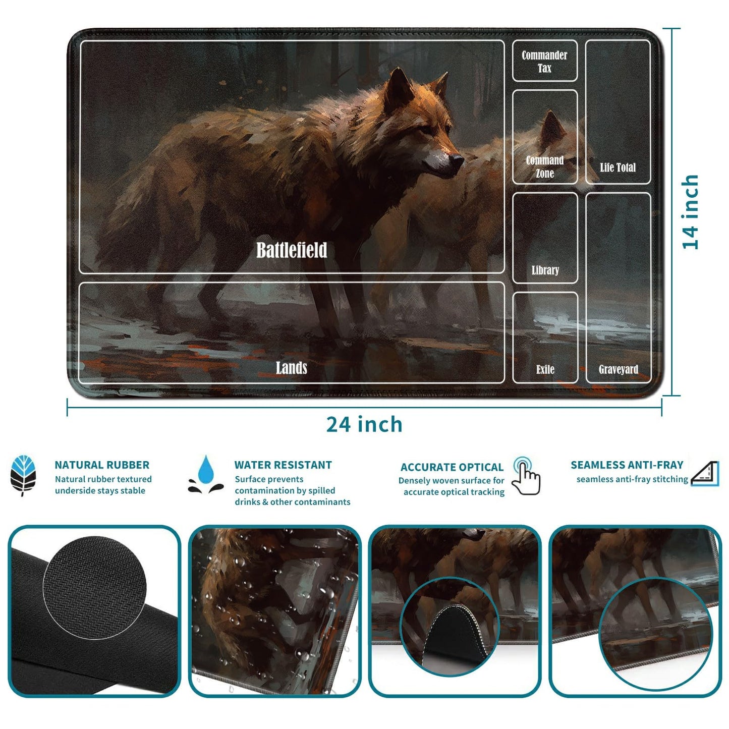Rwutytiul Two Wolves Card Playmat 24 X 14 Inch With Tube Bag, Card Gameplay Playmat With Zones Commander Deck Board Mtg Rpg Ccg
