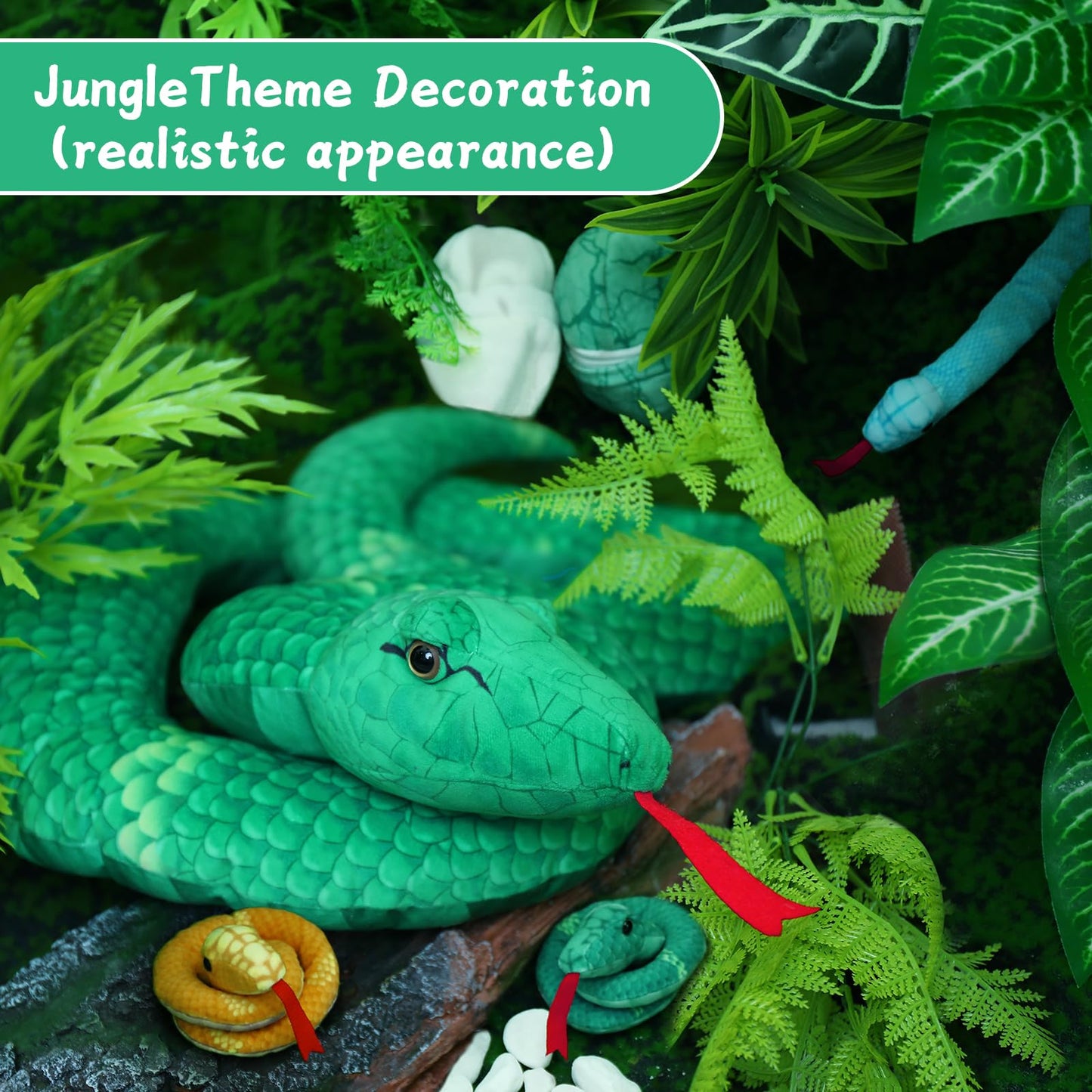 Muiteiur Giant 6 Piece Snake Stuffed Animal, 55 Inch Mommy Snake With 3 Baby&2 Egg, Green Large Jungle Plush Toy, Realistic Serpent Plush Toy Gift For Kids Girls Boys