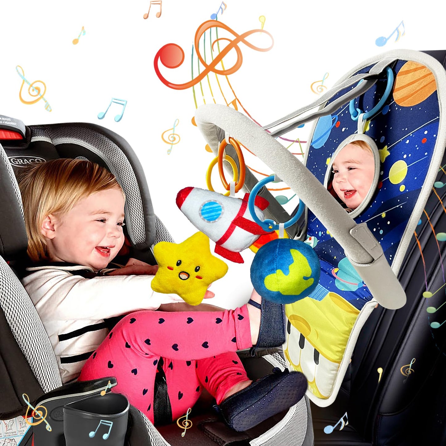 Toymni Car Seat Toys For Baby Infant 6 Months And Up, Carseat Toys With Musical Pedal Piano, Baby Mirror And Hanging Squeaky Sen