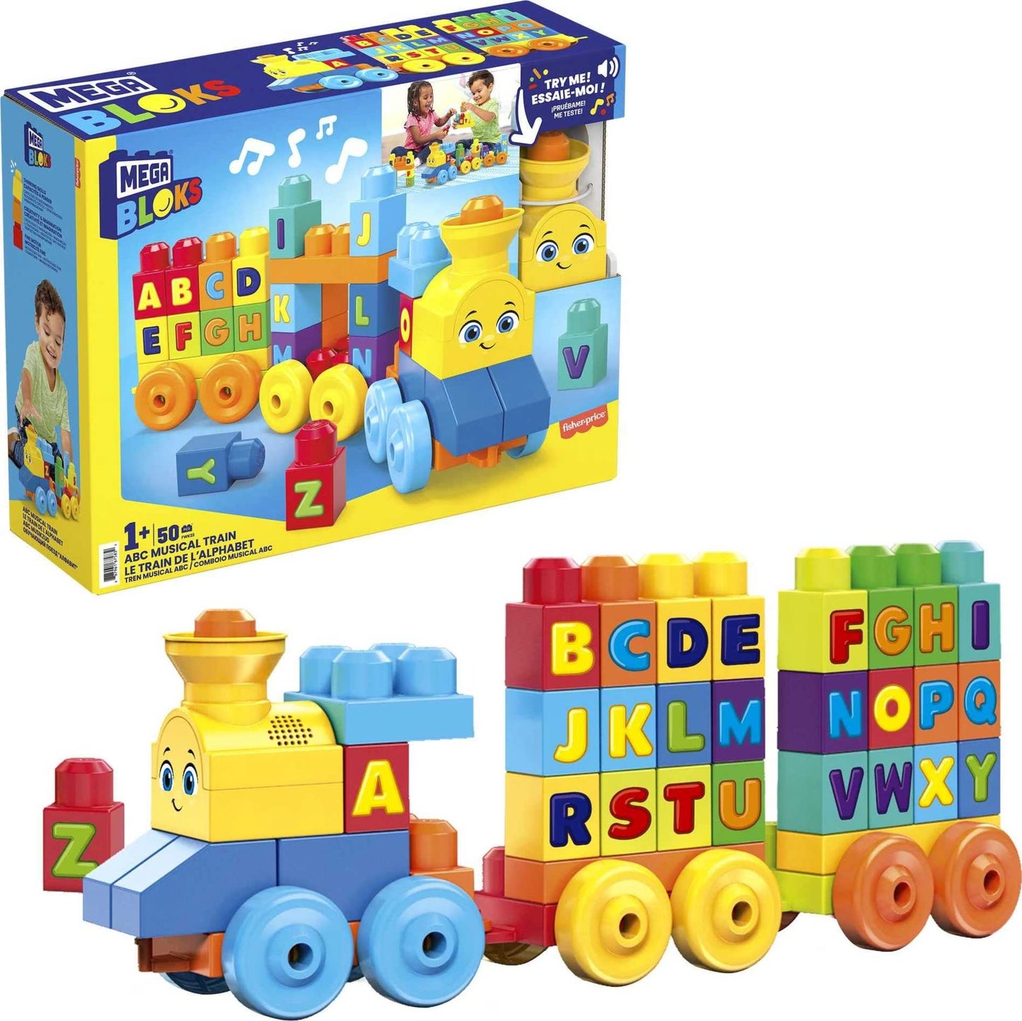 MEGA BLOKS Fisher-Price ABC Blocks Building Toy, ABC Musical Train with 50 Pieces, Music and Sounds for Toddlers, Gift Ideas for