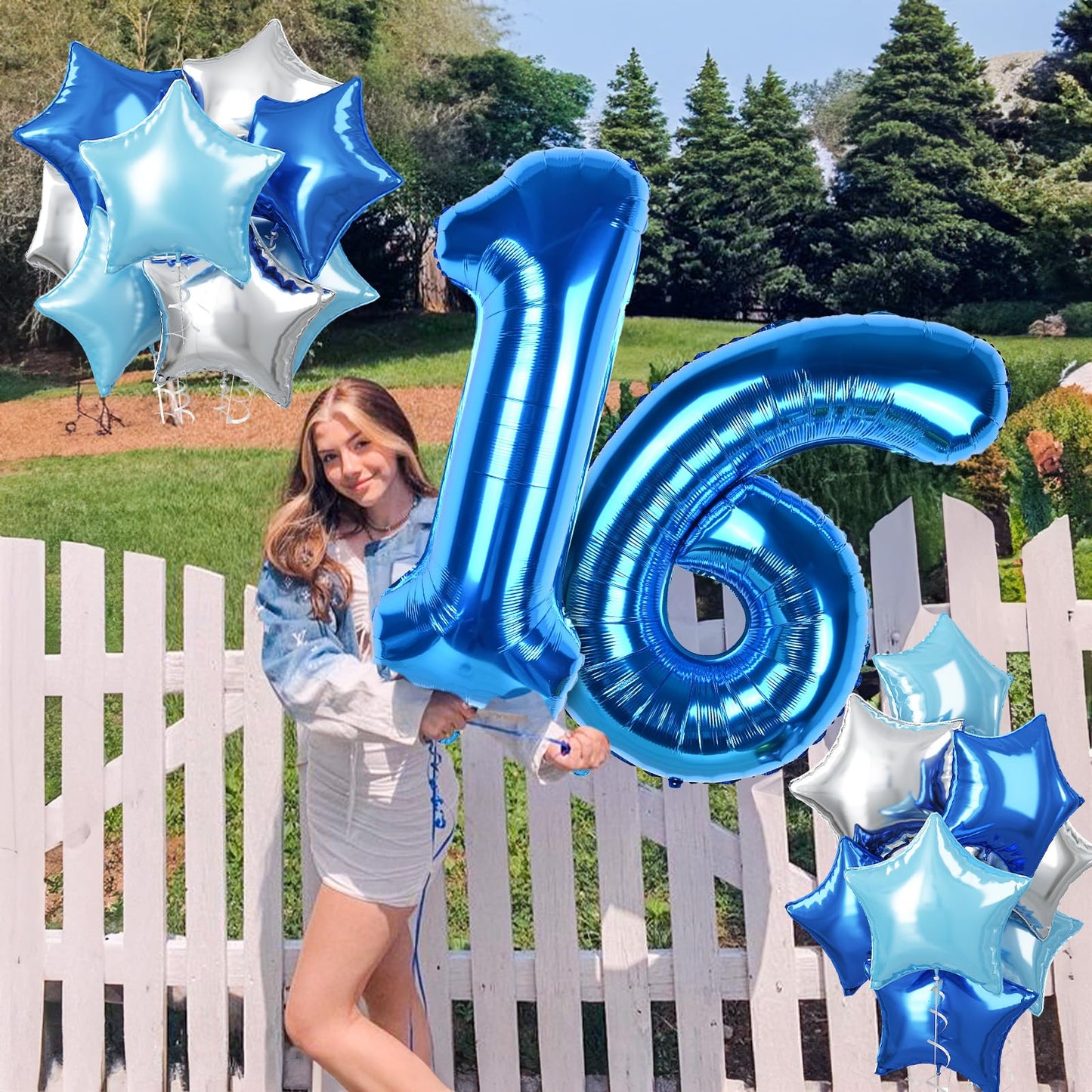 16Th Birthday Balloon For Boys, 40 Inch Royal Dark Navy Blue Number 16 Mylar Balloon, Silver Sky Light Blue Self Inflating Star