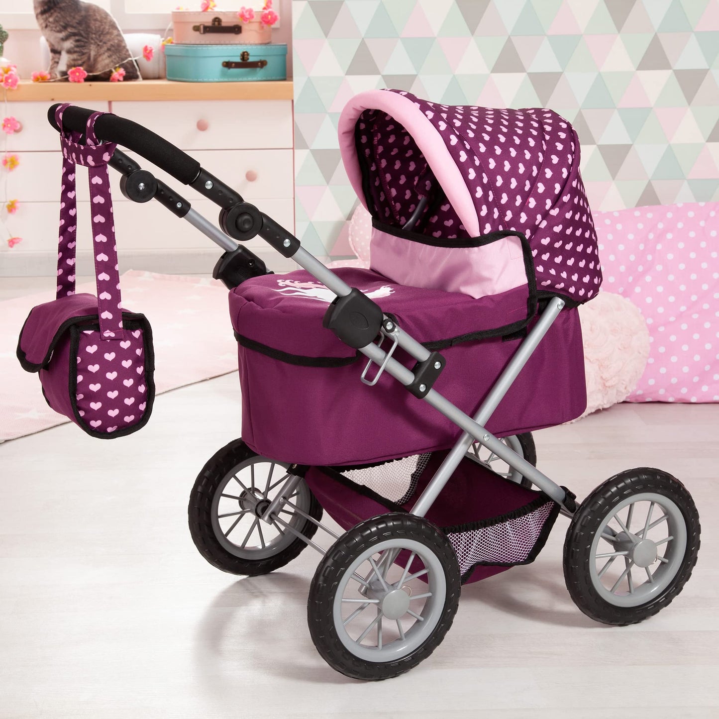 Bayer Design Dolls: Trendy Pram - Burgundy, Pink, Hearts - Includes Shoulder Bag, Fits Dolls Up To 18'', Adjustable Handle, Kids
